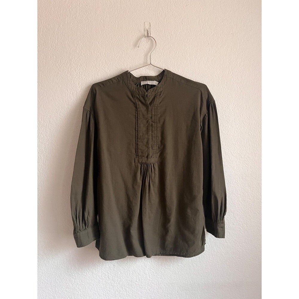 Vince Shirred Cotton Blouse in Dark Army Green Size XS